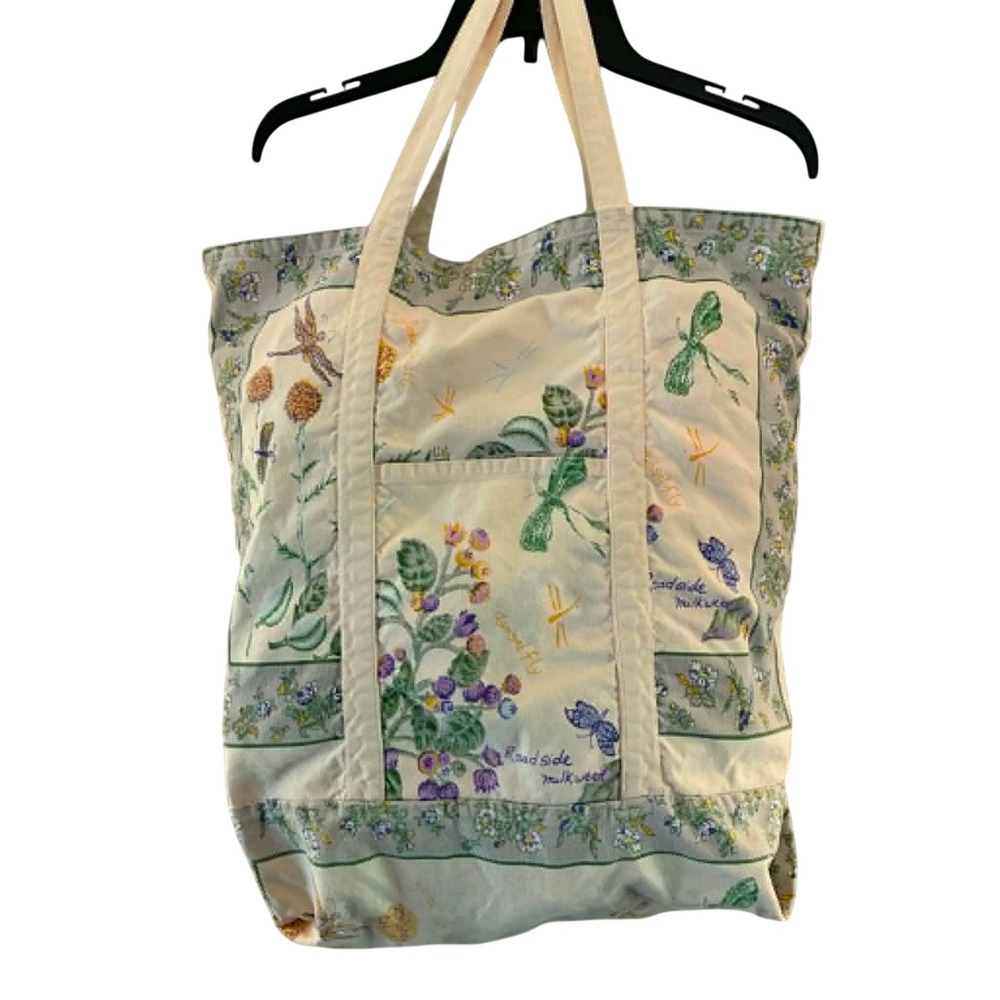 April Cornell Tote Bag Cream Floral Dragonfly Milkweed Canvas Cottagecore Boho